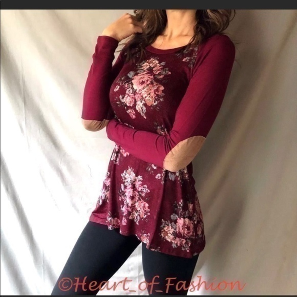 Floral Print Elbow Patch Long Sleeve Raglan Top - Picture 1 of 9